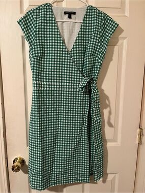 BANANA REPUBLIC Green Gingham Wrap Dress Linen Blend 💚🌿
